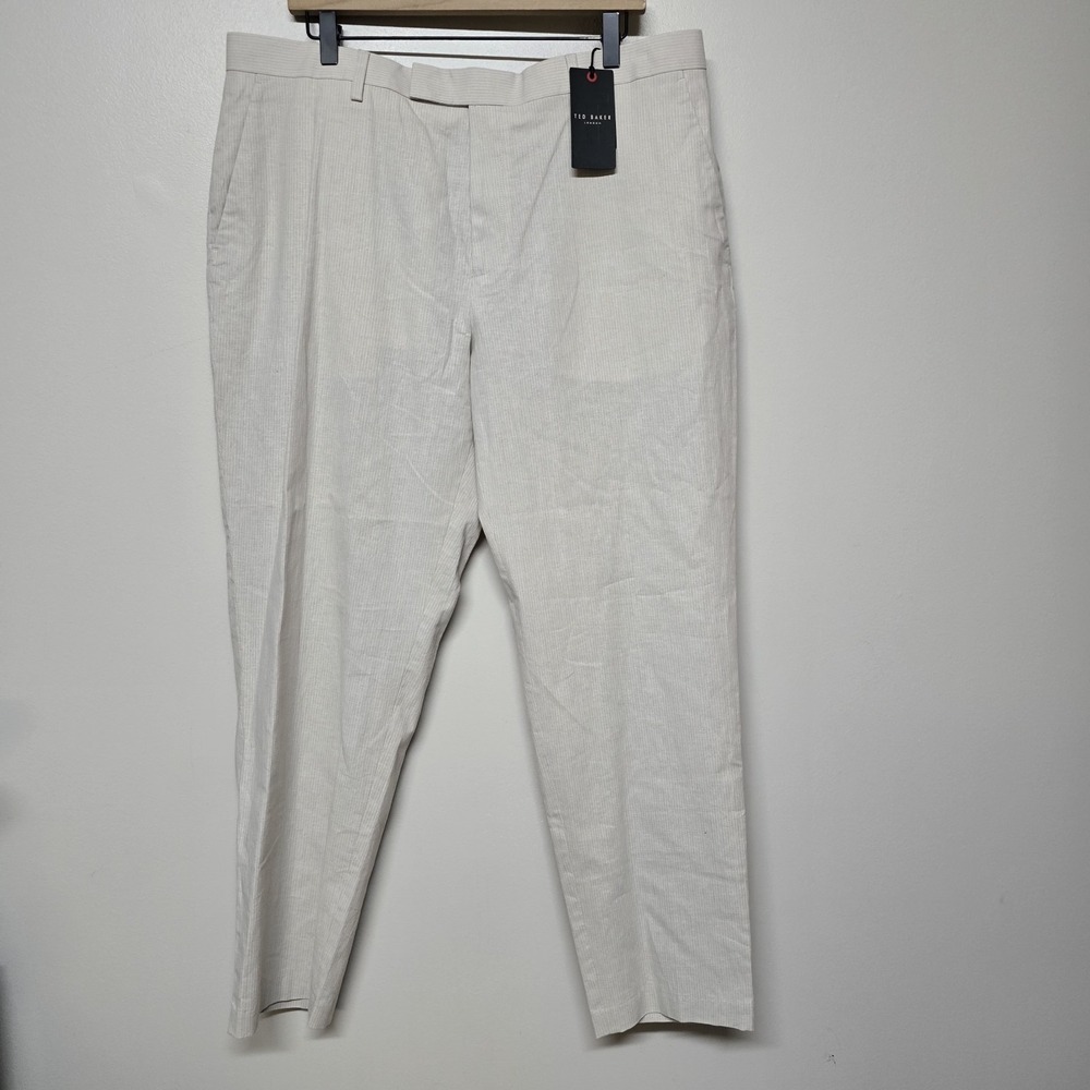 Ted Baker Mens Beige Pinstripe Frankt Flat-Front Linen Dress Trousers Pants 38R